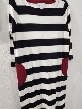 Joan Vass Black & Ivory Striped Dress with Burgundy Pocket Accents